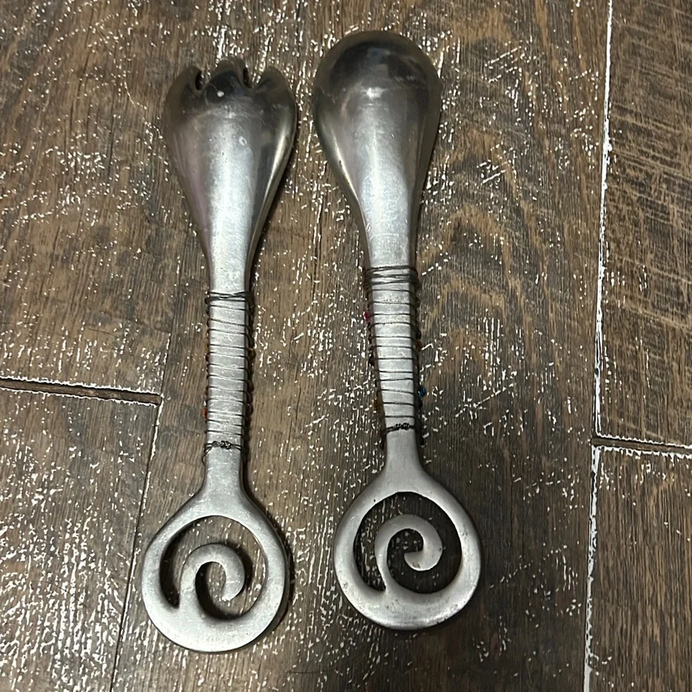 Decorative Beaded MCM Polished Aluminum Salad Fork ‎ Spoon Round End Handle 9”